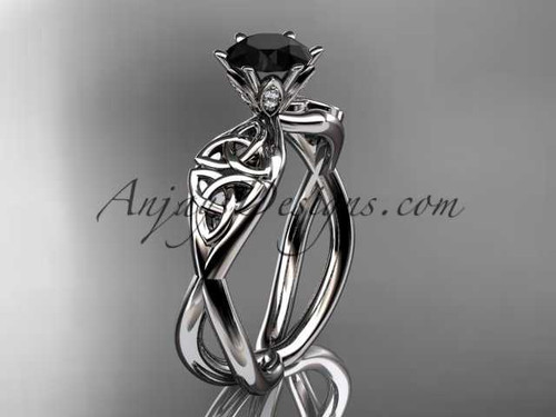 14kt white gold diamond celtic trinity knot wedding ring, engagement ring with a Black Diamond center stone CT7221