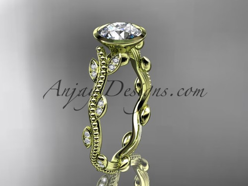 Yellow Gold Unusual Wedding Ring, Bezel Setting  Bridal Ring  Inspired by Nature