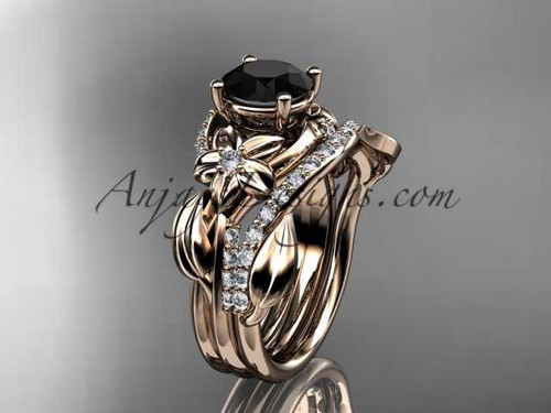 Unique 14k rose gold diamond flower, leaf and vine wedding ring, engagement set with a Black Diamond center stone ADLR224S