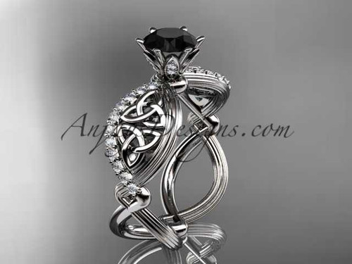 platinum diamond celtic trinity knot wedding ring, engagement ring with a Black Diamond center stone CT7192