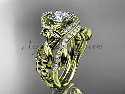 14kt yellow gold diamond unique flower, leaf and vine engagement set with a "Forever One" Moissanite center stone ADLR211S