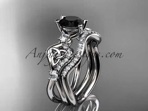 14kt white gold celtic trinity knot engagement set, wedding ring with a Black Diamond center stone CT768S