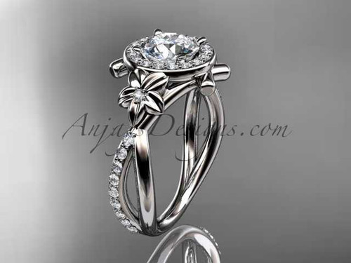 14kt white gold diamond leaf and vine wedding ring, engagement ring with a "Forever One" Moissanite center stone ADLR89