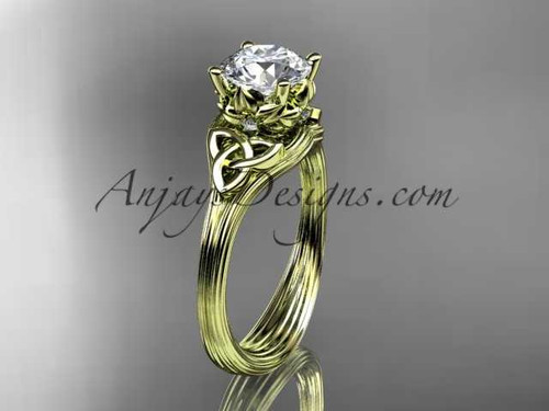14kt yellow gold diamond celtic trinity knot wedding ring, engagement ring with a "Forever One" Moissanite center stone CT7240