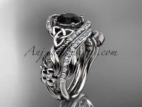 14kt white gold diamond celtic trinity knot wedding ring, engagement set with a Black Diamond center stone CT7211S