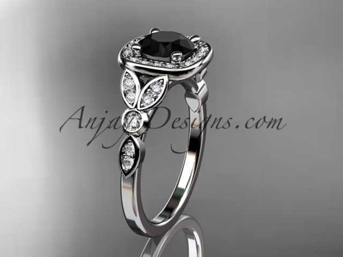 14kt white gold diamond leaf and vine wedding ring, engagement ring with a Black Diamond center stone ADLR179