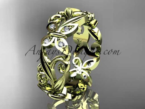 14kt yellow gold diamond leaf and vine butterfly wedding ring, engagement ring, wedding band ADLR144
