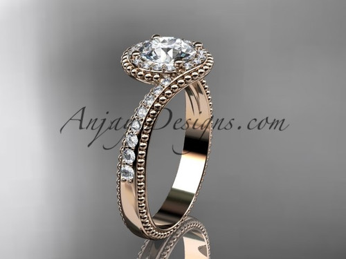 Unique Halo Diamond Ring, Rose Gold Vintage Wedding Ring
