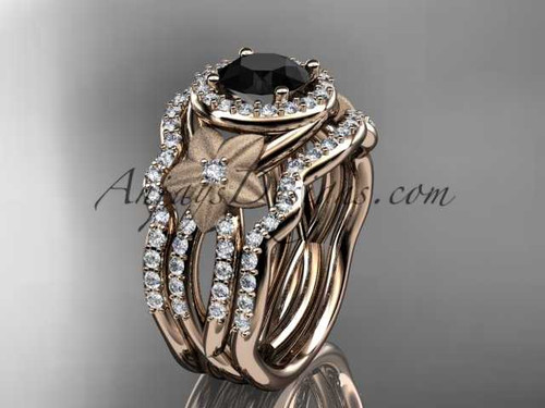 14kt rose gold diamond floral wedding ring, engagement ring with a Black Diamond center stone and double matching band ADLR127S