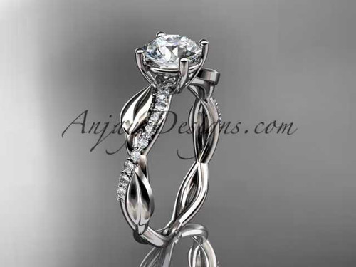 14kt white gold leaf diamond wedding ring, engagement ring with a "Forever One" Moissanite center stone ADLR385