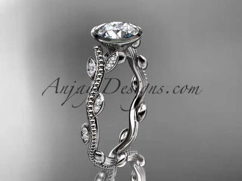 Bezel Set Moissanite Engagement Rings, 14kt White Gold Leaf and Vine Wedding Ring ADLR33