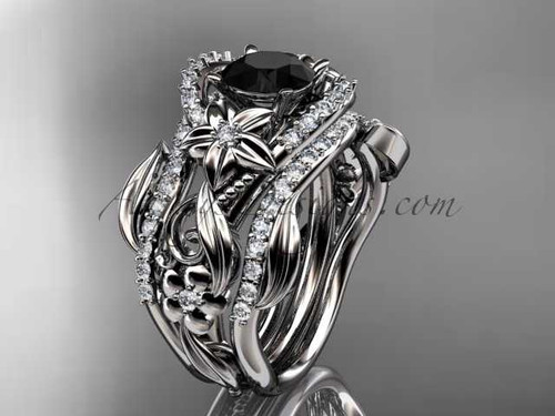 Platinum diamond leaf and vine engagement ring with Black Diamond center stone and double matching band ADLR211S Platinum diamond leaf and vine engagement ring with Black Diamond center stone and double matching band ADLR211S