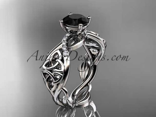 14kt white gold diamond celtic trinity knot wedding ring, engagement ring with a Black Diamond center stone CT7270