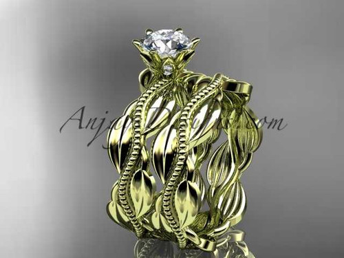 14k yellow gold leaf and vine engagement ring, wedding set ADLR258S