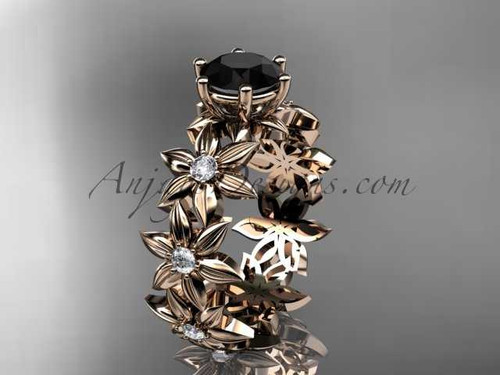 Unique 14k rose gold diamond floral engagement ring with a Black Diamond center stone ADLR339
