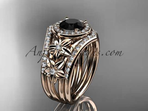 14kt rose gold diamond floral wedding ring, engagement ring with a Black Diamond center stone and double matching band ADLR131S