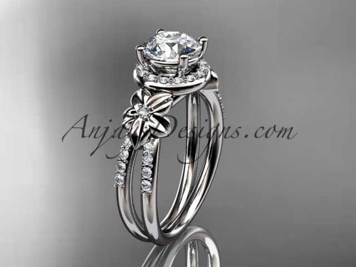 platinum leaf and flower diamond unique engagement ring, wedding ring with a "Forever One" Moissanite center stone ADLR373