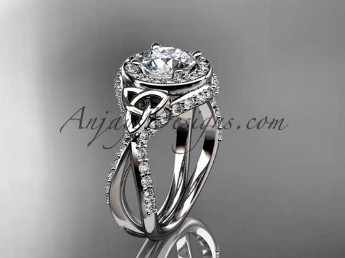 Gorgeous Celtic Trinity Knot Wedding Ring, 14kt White Gold Halo Diamond Engagement Ring CT7416