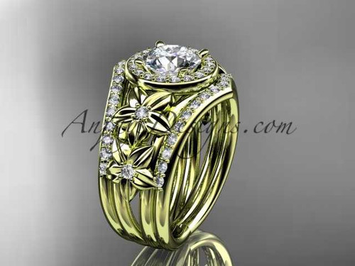 14kt yellow gold diamond floral wedding ring, engagement ring with a "Forever One" Moissanite center stone and double matching band ADLR131S