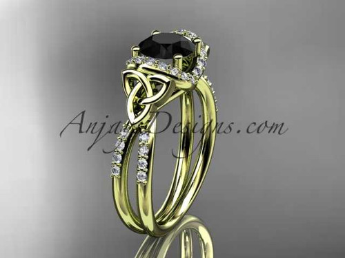 14kt yellow gold diamond celtic trinity knot wedding ring, engagement ring with a Black Diamond center stone CT7155