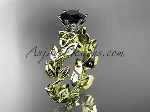 14kt yellow gold diamond celtic trinity knot wedding ring, bridal ring with a Black Diamond center stone CT7124