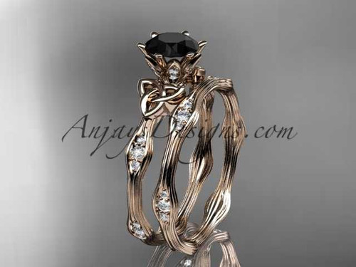 14kt rose gold diamond celtic trinity knot wedding ring, engagement set with a Black Diamond center stone CT7132S