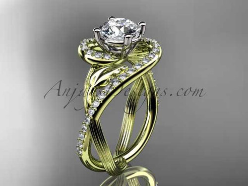 Unique 14kt yellow gold diamond leaf and vine wedding ring, engagement ring with a "Forever One" Moissanite center stone ADLR222
