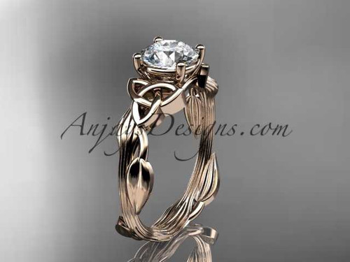 14kt rose gold celtic trinity knot wedding ring, engagement ring with a "Forever One" Moissanite center stone CT7251