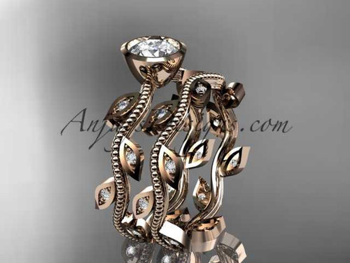 14k rose gold diamond leaf and vine wedding ring, engagement ring, engagement set with a "Forever One" Moissanite center stone ADLR213S