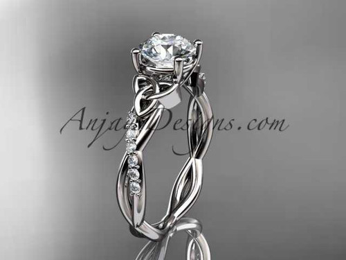 14kt white gold diamond celtic trinity knot wedding ring, engagement ring with a "Forever One" Moissanite center stone CT7388