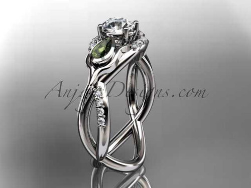 Unique 14kt white gold diamond tulip flower, leaf and vine engagement ring with a "Forever One" Moissanite center stone ADLR226