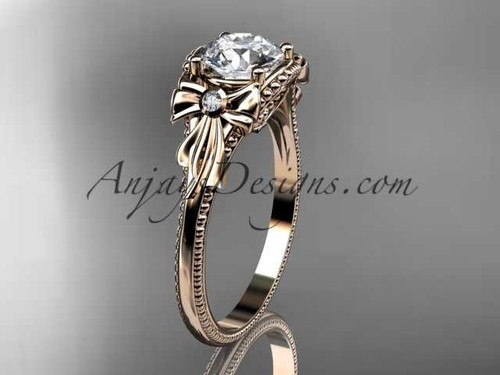 14k rose gold diamond unique engagement ring with a "Forever One" Moissanite center stone ADLR376