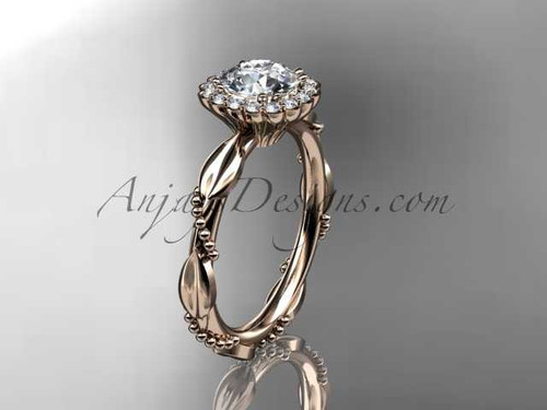 14kt rose gold diamond leaf and vine wedding ring, engagement ring with a "Forever One" Moissanite center stone ADLR337