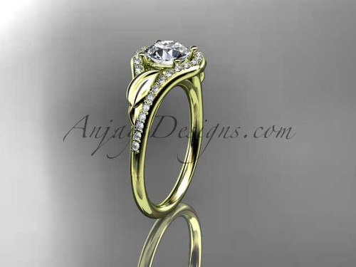 14kt yellow gold diamond leaf wedding ring, engagement ring with a "Forever One" Moissanite center stone ADLR334