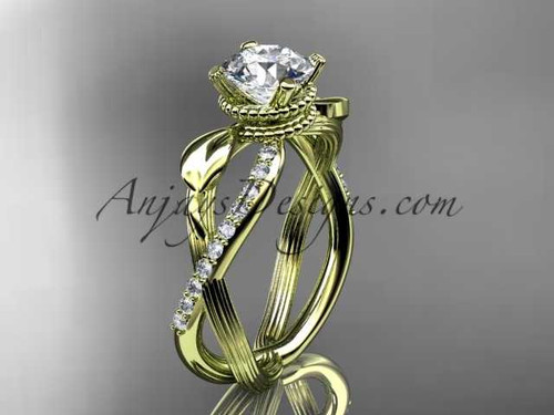 14kt yellow gold diamond leaf and vine wedding ring, engagement ring with "Forever One" Moissanite center stone ADLR70