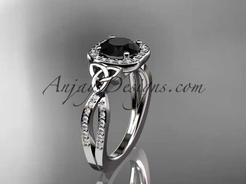 14kt white gold diamond celtic trinity knot wedding ring, engagement ring with a Black Diamond center stone CT7393 14kt white gold diamond celtic trinity knot wedding ring, engagement ring with a Black Diamond center stone CT7393