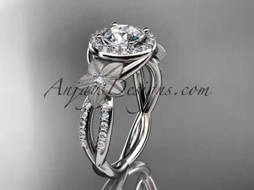 14kt white gold diamond floral wedding ring, engagement ring with a "Forever One" Moissanite center stone ADLR127