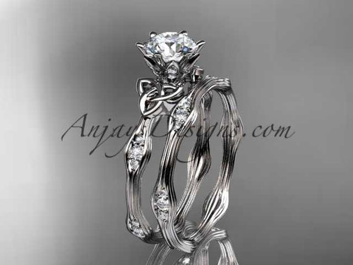 14kt white gold diamond celtic trinity knot wedding ring, engagement set with a "Forever One" Moissanite center stone CT7132S