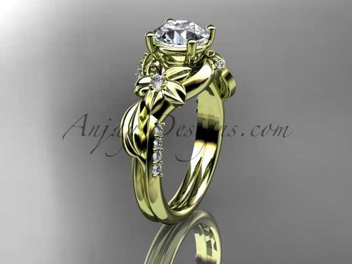 Unique 14k yellow gold diamond flower, leaf and vine wedding ring, engagement ring with a "Forever One" Moissanite center stone ADLR224
