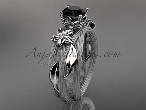 Platinum diamond floral, leaf and vine wedding ring, engagement ring with a Black Diamond center stone ADLR253