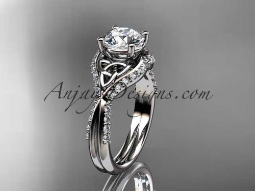 platinum diamond celtic trinity knot wedding ring, engagement ring with a "Forever One" Moissanite center stone CT7224