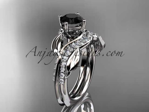 Unique 14k white gold diamond leaf wedding ring, engagement set with a Black Diamond center stone ADLR225S