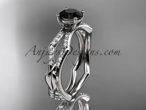 14k white gold diamond leaf and vine wedding ring,engagement ring with a Black Diamond center stone ADLR353