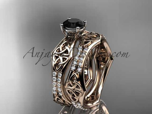 14kt rose gold diamond celtic trinity ring, triquetra ring, engagement set with a Black Diamond center stone CT7353S