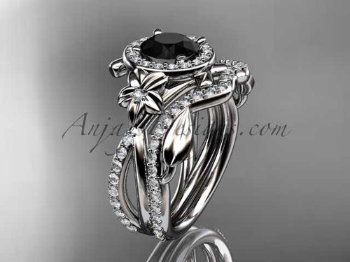 14kt white gold diamond leaf and vine, flower engagement set, wedding set, with a Black Diamond center stone ADLR89S