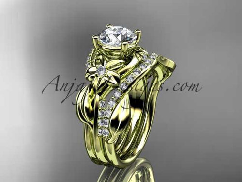 Unique 14k yellow gold diamond flower, leaf and vine wedding ring, engagement set with a "Forever One" Moissanite center stone ADLR224S