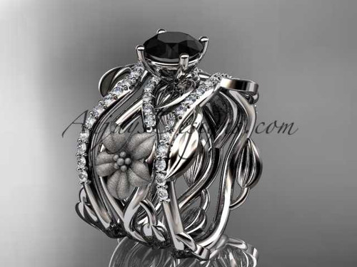 Unique 14kt white gold floral diamond wedding ring, engagement ring with a Black Diamond center stone and double matching band ADLR270S