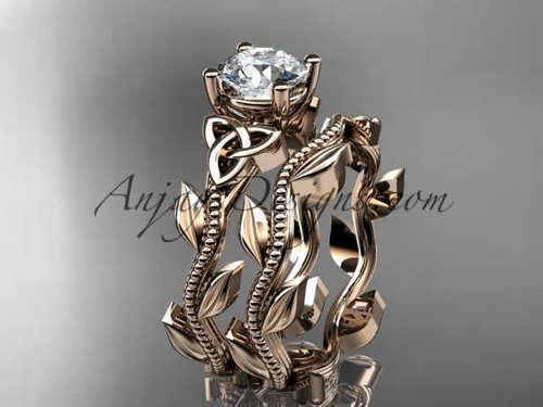 Amazing Nature Themed Moissanite Wedding Ring Set, 14kt Rose Gold Triquetra Engagement Ring CT7238S