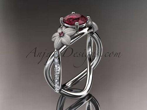 14kt white gold diamond leaf and vine birthstone ring ADLR90 Garnet - January\'s birthstone