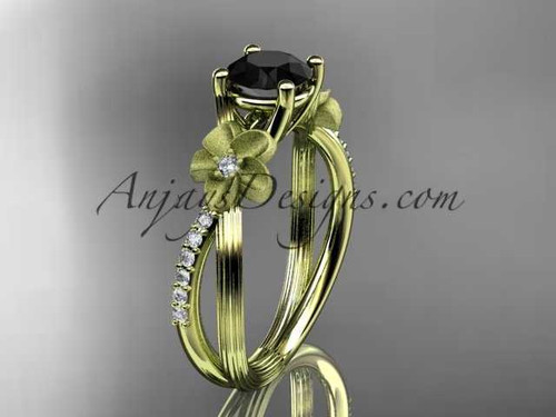 14kt yellow gold diamond leaf and vine wedding ring, engagement ring with a Black Diamond center stone ADLR214
